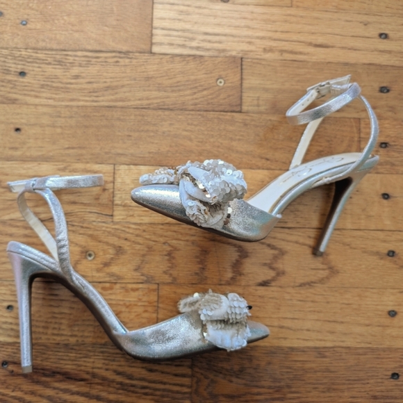 Jessica Simpson Silver Heels with Ankle Straps and Decorative Embellishments - Picture 1 of 8